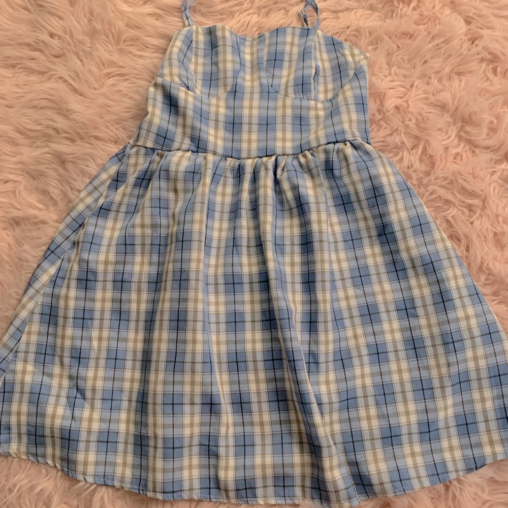 blue and white plaid picnic dress cute kawaii dress spaghetti straps stripes